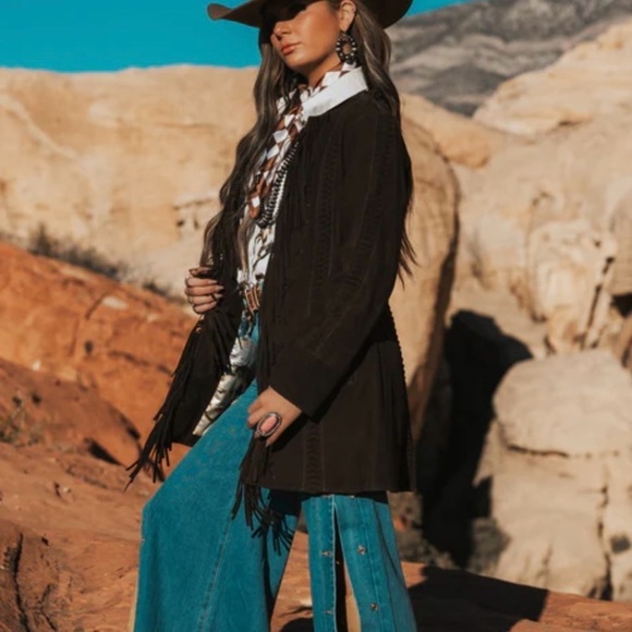 Jackets & Blazers - Black Old West Suede Jacket cutout fringe long leather size small